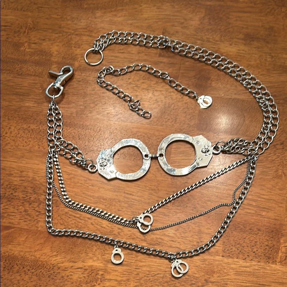 Gothic Silver tone Belt/ Necklace  with Chains, Skulls, and Handcuffs!